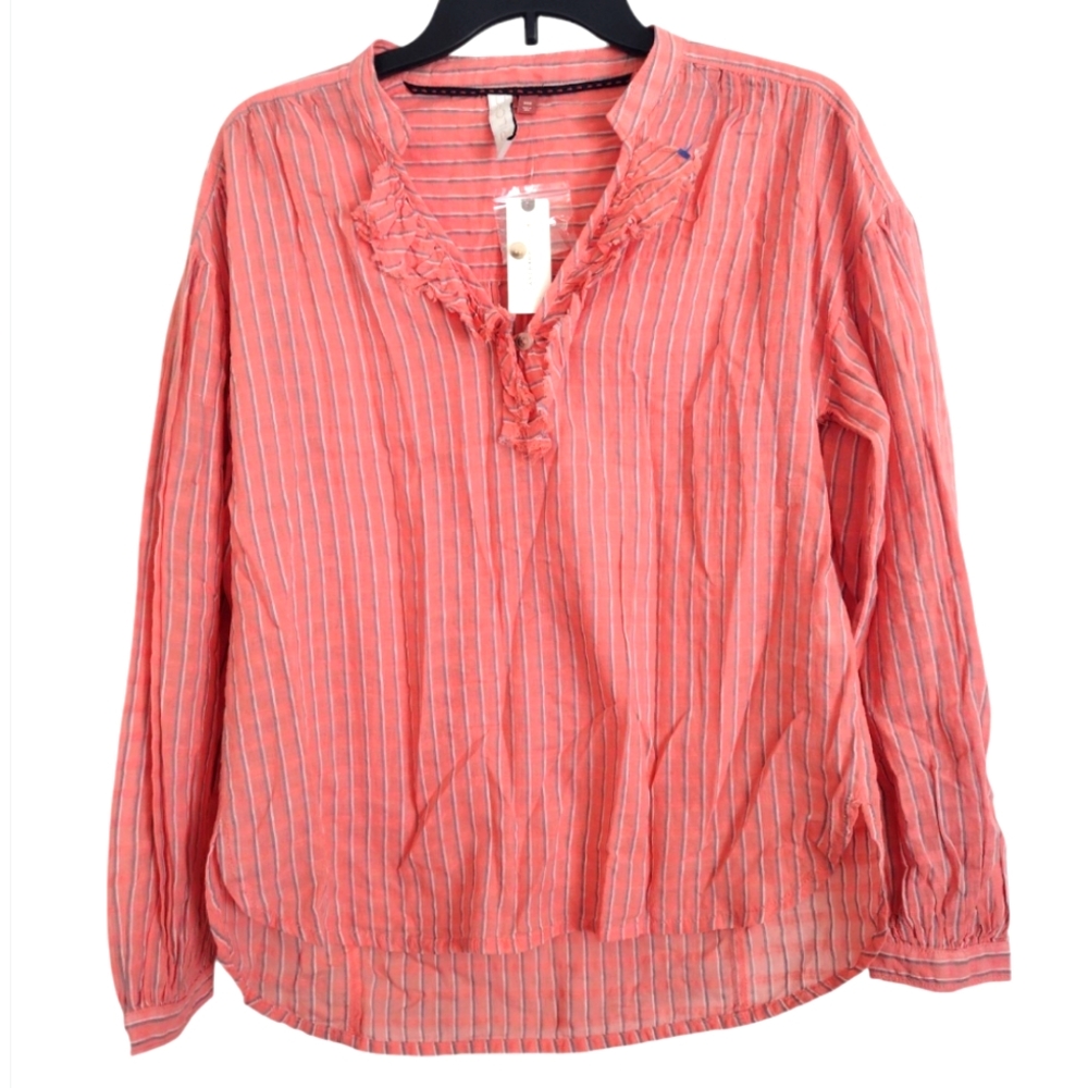 Pilcro Anthropologie NWT Striped Coral Ruffled Blouse Cotton Linen Size …